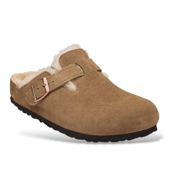 Birkenstock Zuecos de Piel Boston Shearling (Ajuste Estrecho) marrón