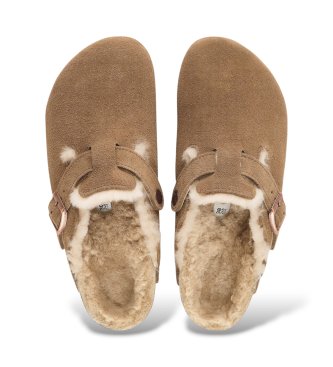 Birkenstock Zuecos de Piel Boston Shearling (Ajuste Estrecho) marrón