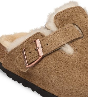 Birkenstock Zuecos de Piel Boston Shearling (Ajuste Estrecho) marrón