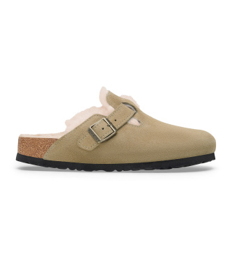 Birkenstock Zuecos de Piel Boston Shearling (Ajuste Estrecho) beige