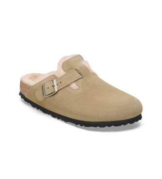 Birkenstock Zuecos de Piel Boston Shearling (Ajuste Estrecho) beige