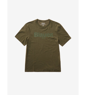 Blauer T-shirt med grn inskription