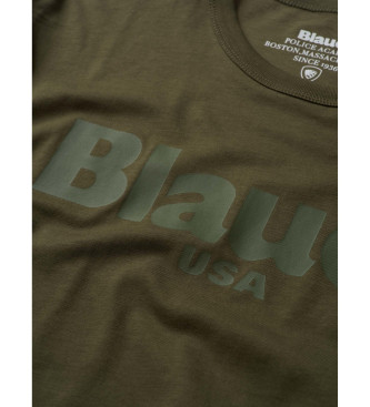 Blauer T-shirt med grn inskription