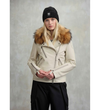 Blauer Lederjacke mit Pelz Cherry wei