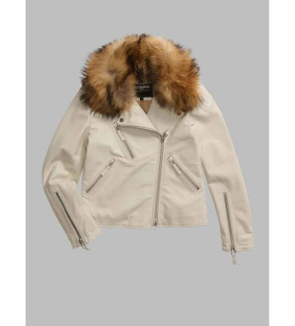 Blauer Lederjacke mit Pelz Cherry wei