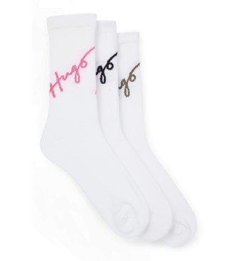 HUGO 3 paar witte kalligrafie lange sokken