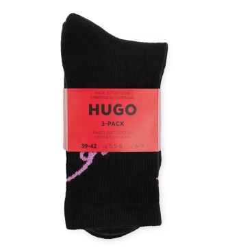 HUGO Pack 3 Pares de Calcetines Largos Caligrafiados negro
