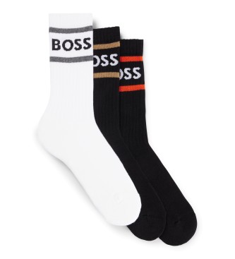 BOSS Pack de 3 pares de meias com riscas e logtipo preto, branco, preto