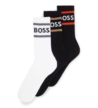 BOSS Pack de 3 pares de meias com riscas e logtipo preto, branco, preto