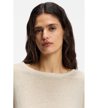 BOSS Lniana koszulka z wyszywanym logo w kolorze beżowym