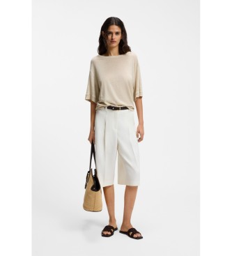 BOSS Lniana koszulka z wyszywanym logo w kolorze beżowym