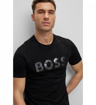 BOSS Czarny T-shirt z metalicznym nadrukiem