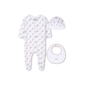 BOSS White pyjama, cap and bib set