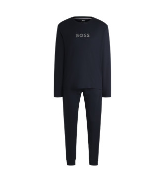 BOSS Katoenen interlock pyjama met merkdetails in metallic print   marine