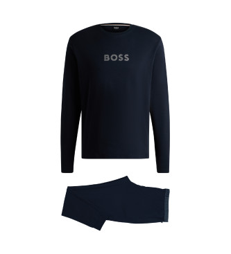 BOSS Katoenen interlock pyjama met merkdetails in metallic print   marine