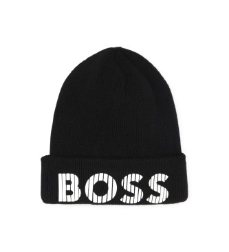 BOSS Cotton knitted beanie with black rubber effect logo