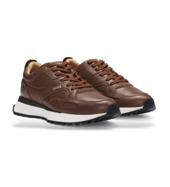 BOSS Running shoe inspired trainers with brown burnished leather uppers