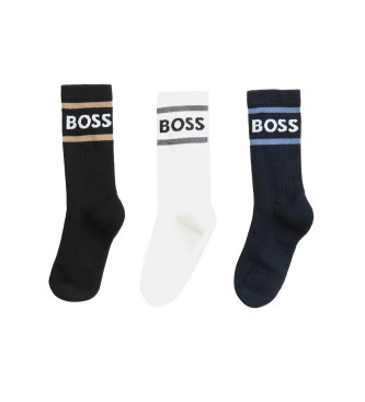BOSS Pack 3 Pares de Calcetines Raya Logo blanco, negro
