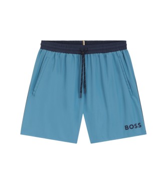 BOSS Short bleu avec logo et passepoil contrast�s