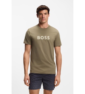 BOSS Bawełniana koszulka z dzianiny z zielono-brązowym nadrukiem logo