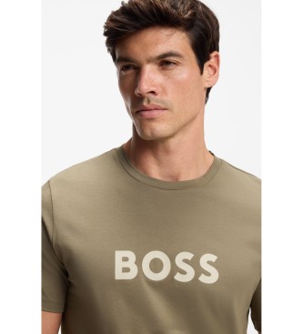 BOSS Bawełniana koszulka z dzianiny z zielono-brązowym nadrukiem logo