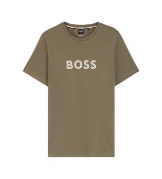 BOSS Bawełniana koszulka z dzianiny z zielono-brązowym nadrukiem logo