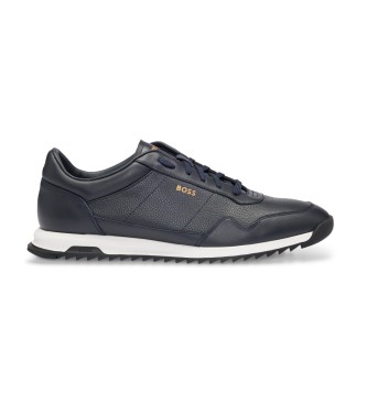 BOSS Sneakers in pelle bottalata con lacci e finiture lisce blu navy