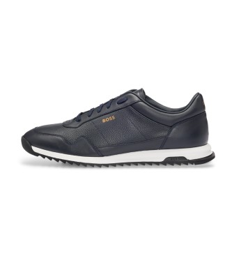 BOSS Sneakers in pelle bottalata con lacci e finiture lisce blu navy