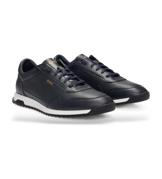 BOSS Sneakers in pelle bottalata con lacci e finiture lisce blu navy