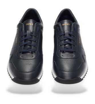 BOSS Sneakers in pelle bottalata con lacci e finiture lisce blu navy