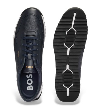 BOSS Sneakers in pelle bottalata con lacci e finiture lisce blu navy