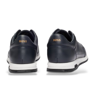 BOSS Sneakers in pelle bottalata con lacci e finiture lisce blu navy