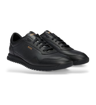 BOSS Smooth leather lace-up trainers with plain piping Black