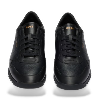 BOSS Smooth leather lace-up trainers with plain piping Black