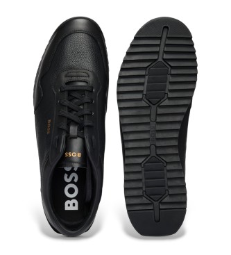 BOSS Smooth leather lace-up trainers with plain piping Black