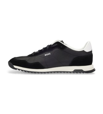 BOSS Pantoufles en cuir  lacets en textile textur noir