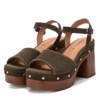Carmela 160623 kaki leren sandalen -Helhoogte 10cm