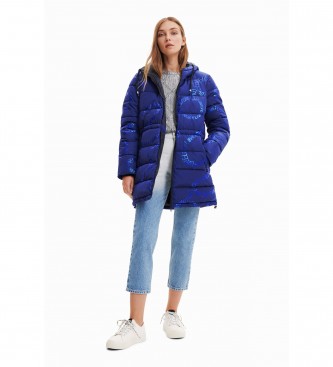 Desigual Long padded blue text coat