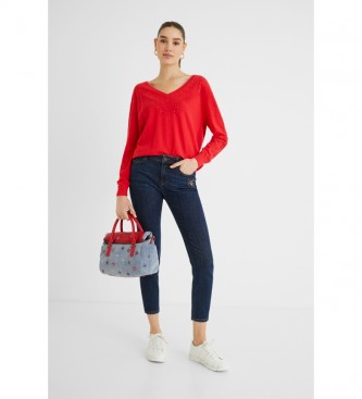Desigual Red Cotton Embroidery Handbag, denim -29,50x13,50x9cm