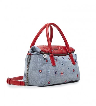 Desigual Red Cotton Embroidery Handbag, denim -29,50x13,50x9cm