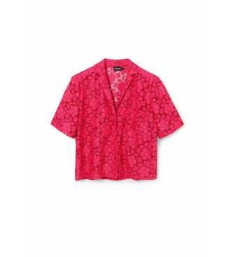 Desigual Kurzes rosa Spitzen-Resort-Shirt