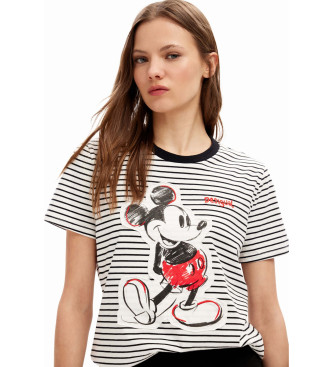 Desigual T-shirt w paski Myszka Miki biały, czarny