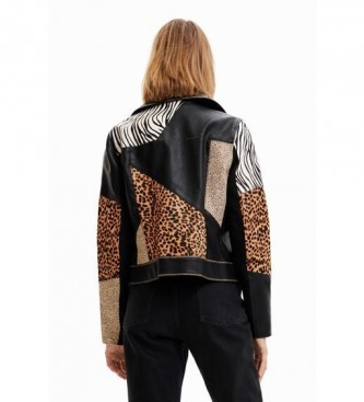 Desigual Black animal print biker leather jacket