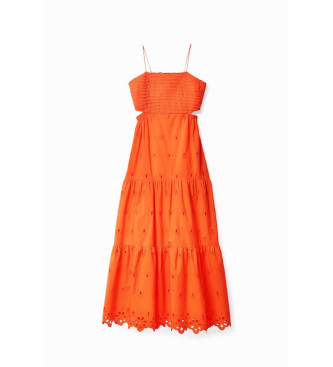 Desigual Długa sukienka z haftowanymi wycięciami pomarańczowa