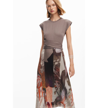 Desigual Brown floral hybrid midi dress