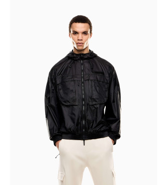 EA7 Black nylon zipped hooded jacket with hood