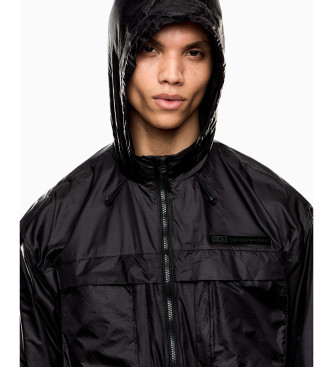 EA7 Black nylon zipped hooded jacket with hood
