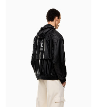 EA7 Black nylon zipped hooded jacket with hood