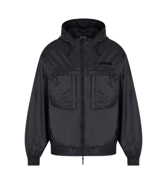 EA7 Black nylon zipped hooded jacket with hood