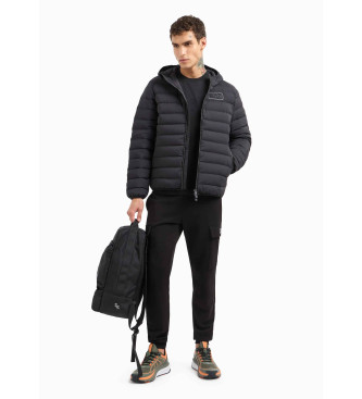 EA7 Hooded down jacket in black technical fabric with hood